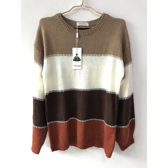 Women's Knit Sweater Long Sleeve Crewneck Color Block Patchwork Pullover - Picture 4 of 6